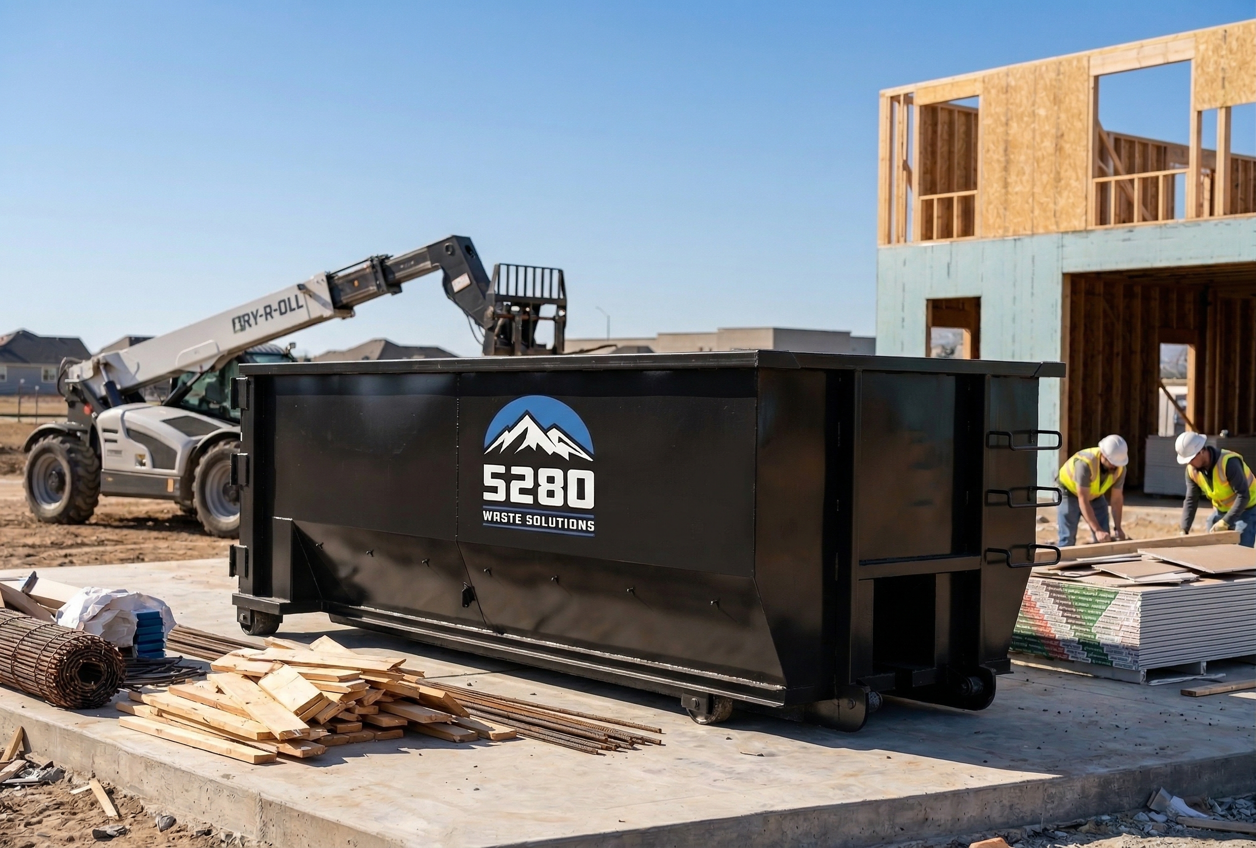 Roof tear-off debris filling 40 yard dumpster in Denver, Workers loading a Roll-Off Dumpster at a Westminster - CO property during a major cleanup, Roll-Off Dumpster in Erie - CO placed beside a garage during a residential cleanup project