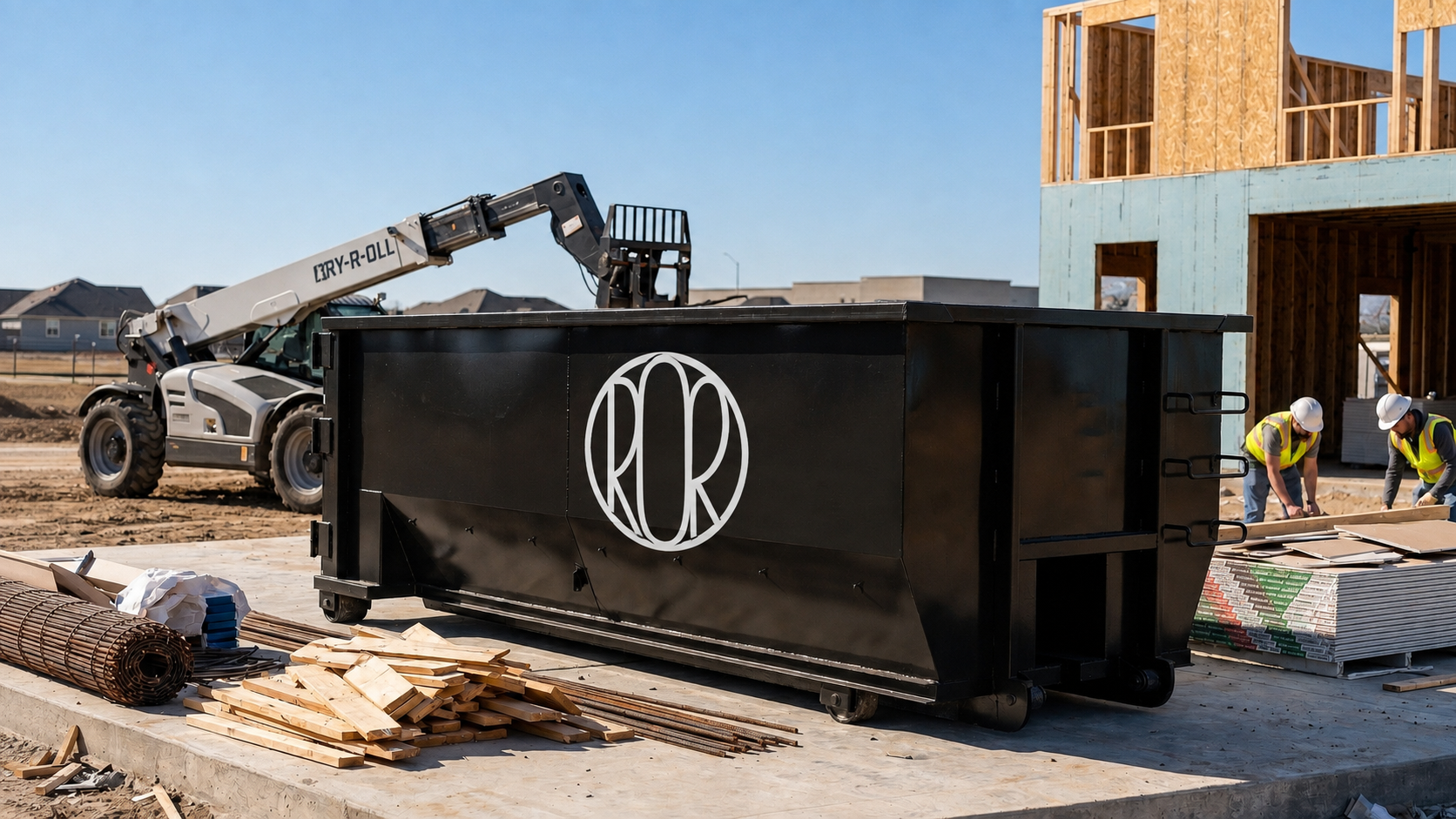Workers loading a Roll-Off Dumpster outside a Commerce City - CO property during a major cleanup