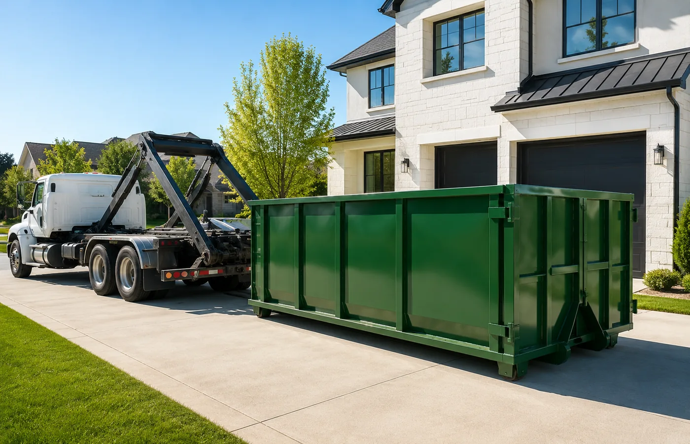 Roll-Off Dumpster in Boulder - CO positioned beside a home as workers load remodeling debris, Roll-Off Dumpster in Aurora - CO placed near a home as workers load remodeling debris, Roll-Off Dumpster in Edgewater - CO set beside a home as workers load renovation debris