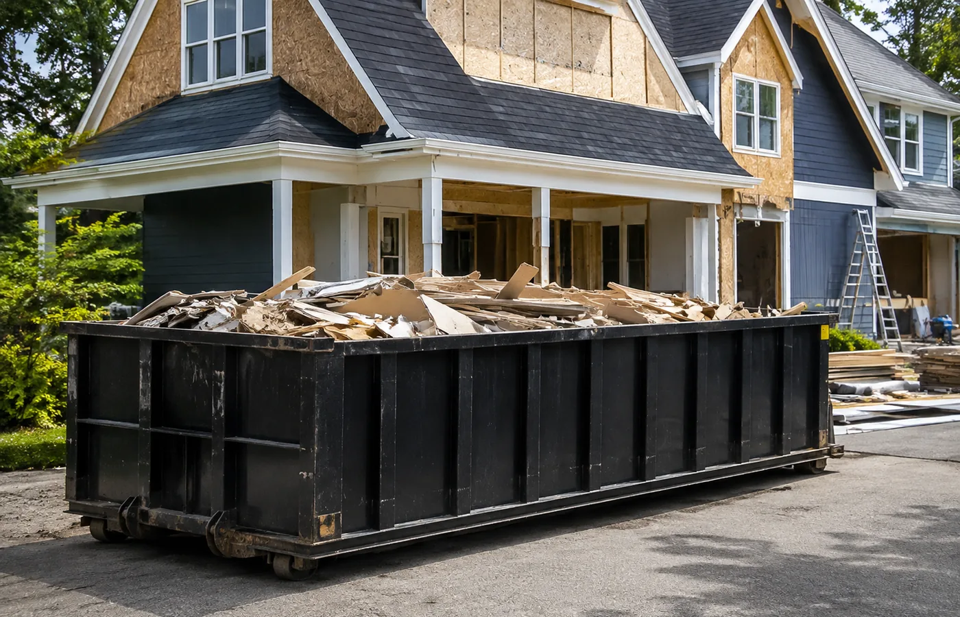 Contractor loads a Roll-Off Dumpster with renovation debris outside a Boulder - CO residential property, Workers fill a Roll-Off Dumpster at an Aurora - CO property during a large cleanup, Crew members fill a Roll-Off Dumpster during a residential cleanup in Edgewater - CO
