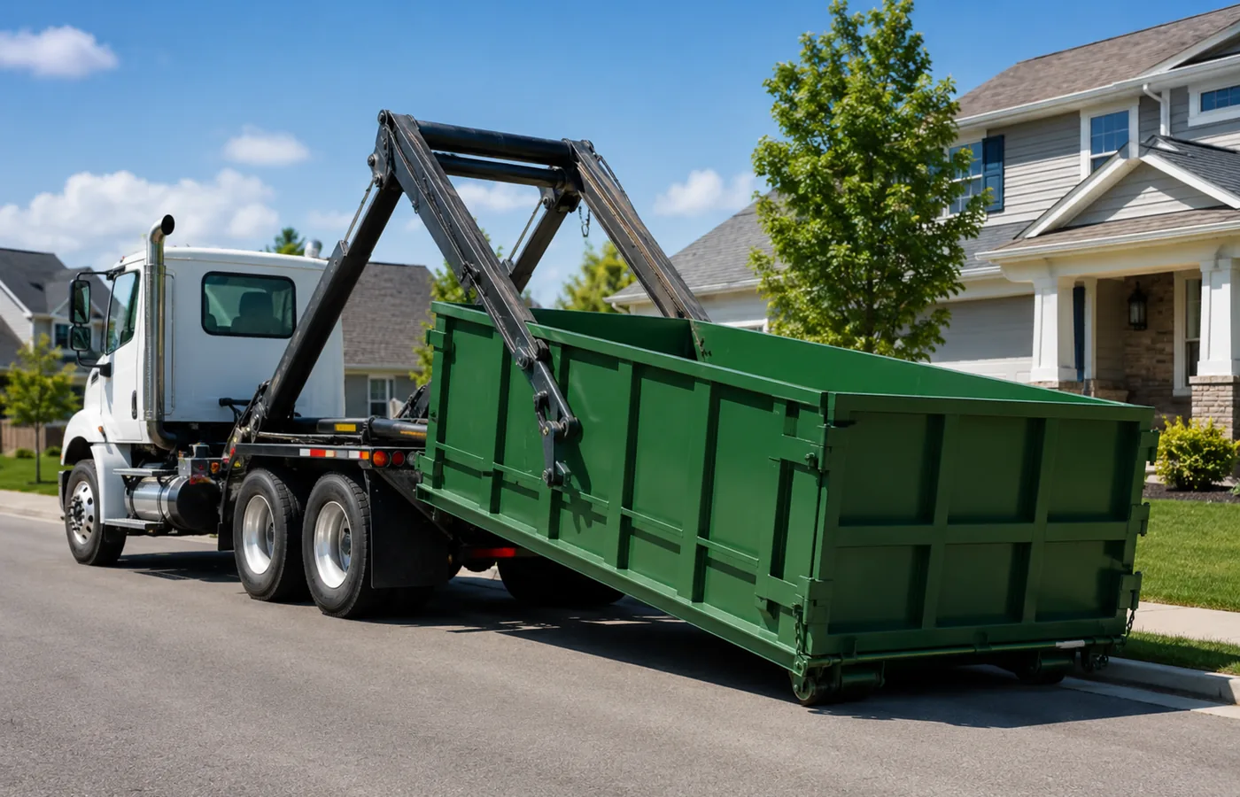 Roll-Off Dumpster in Broomfield - CO set beside a driveway while a crew loads construction debris, Roll-Off Dumpster in Centennial - CO positioned beside a driveway as workers load renovation debris