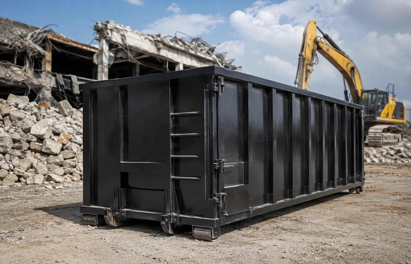 Workers loading a Roll-Off Dumpster outside a Fort Lupton - CO property during renovation cleanup, Crew loading a Roll-Off Dumpster outside a Cherry Hills Village - CO home during a major cleanout, Roll-Off Dumpster in Green Mountain - CO placed beside a home during a remodeling cleanup