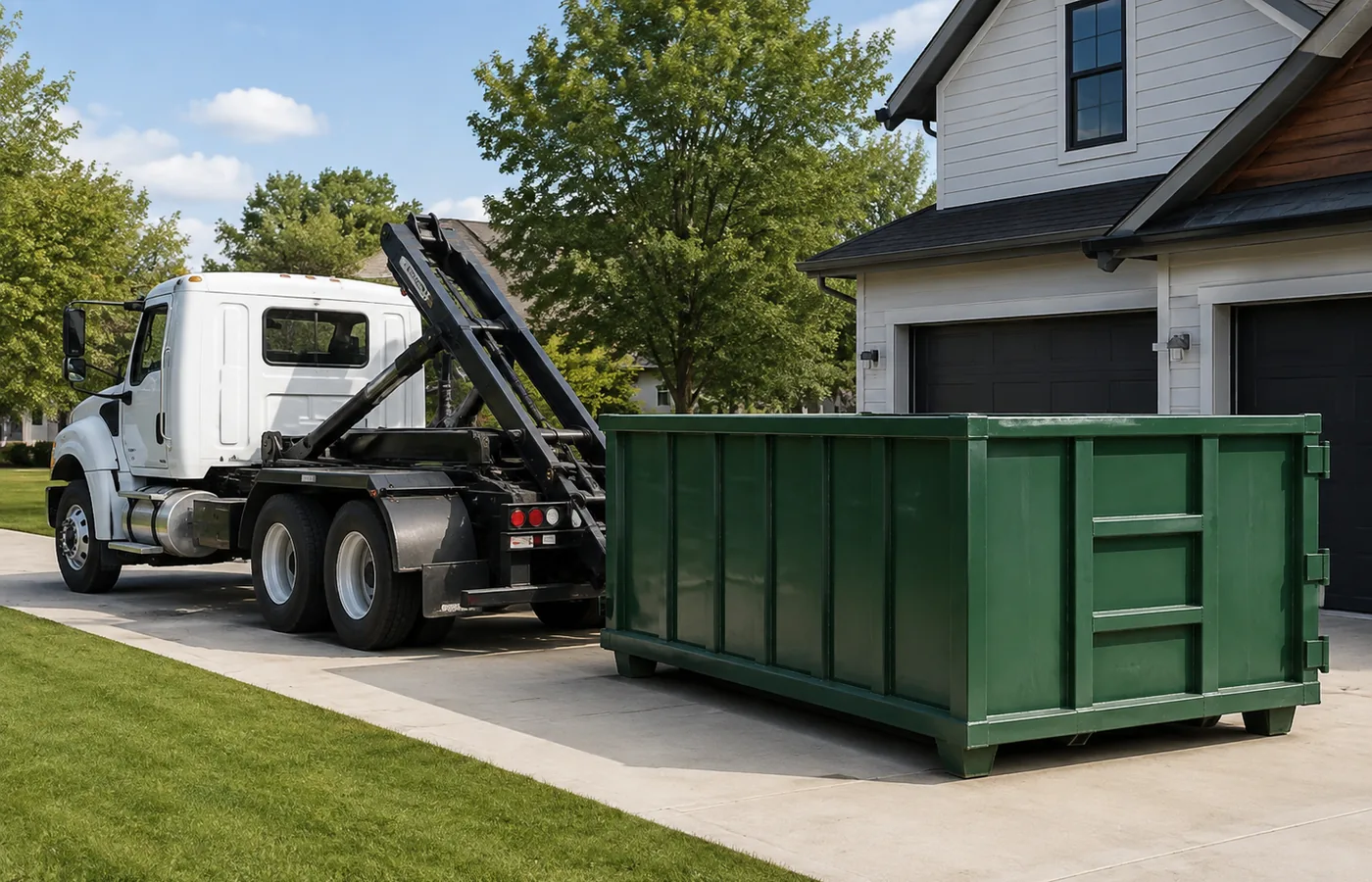 Roll-Off Dumpster in Green Valley Ranch - CO set beside a driveway during a home cleanout, Roll-Off Dumpster in Greenwood Village - CO positioned near an office renovation as crews load demolition debris, Roll-Off Dumpster in Morrison - CO placed beside a home during an outdoor renovation cleanup