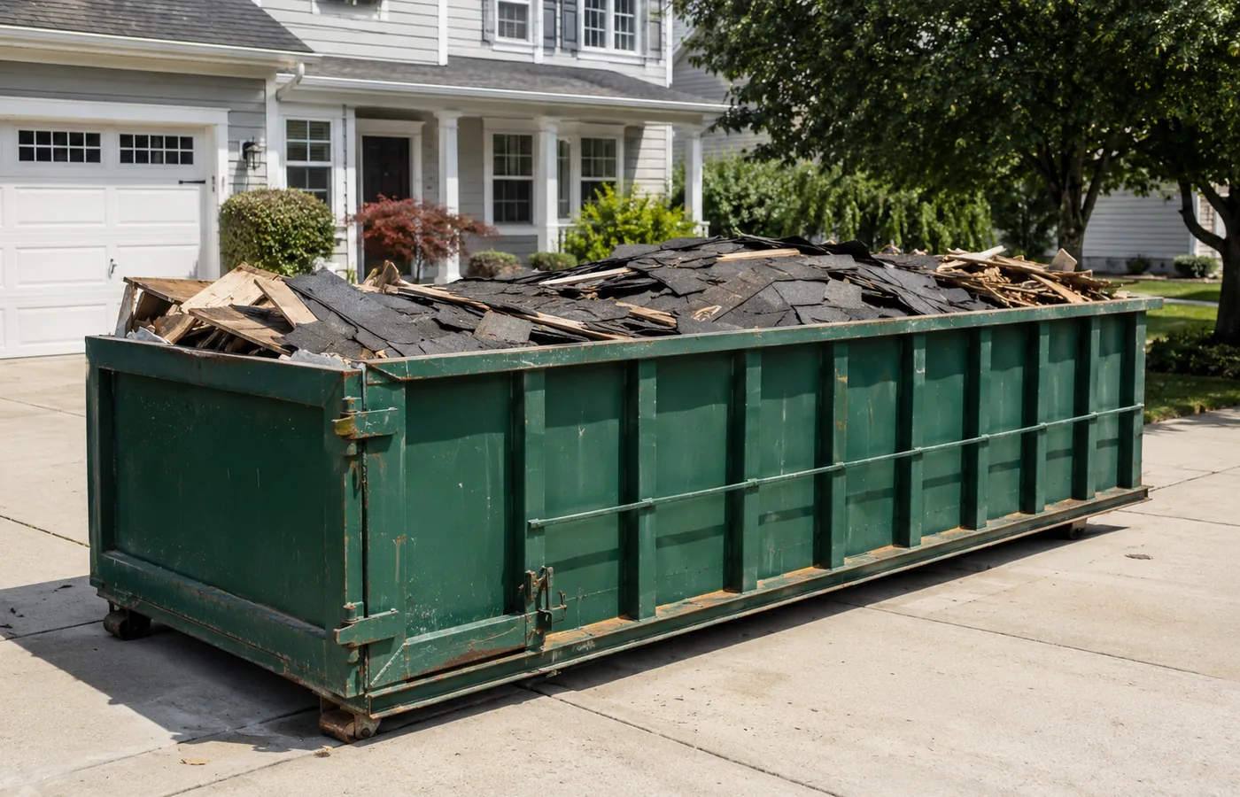 Roll-Off Dumpster in Acres Green - CO positioned beside a driveway during a weekend renovation cleanup, Roll-Off Dumpster in Arvada - CO positioned beside a house as workers load renovation debris, Roll-Off Dumpster in Wheat Ridge - CO positioned beside a driveway during a home renovation cleanup