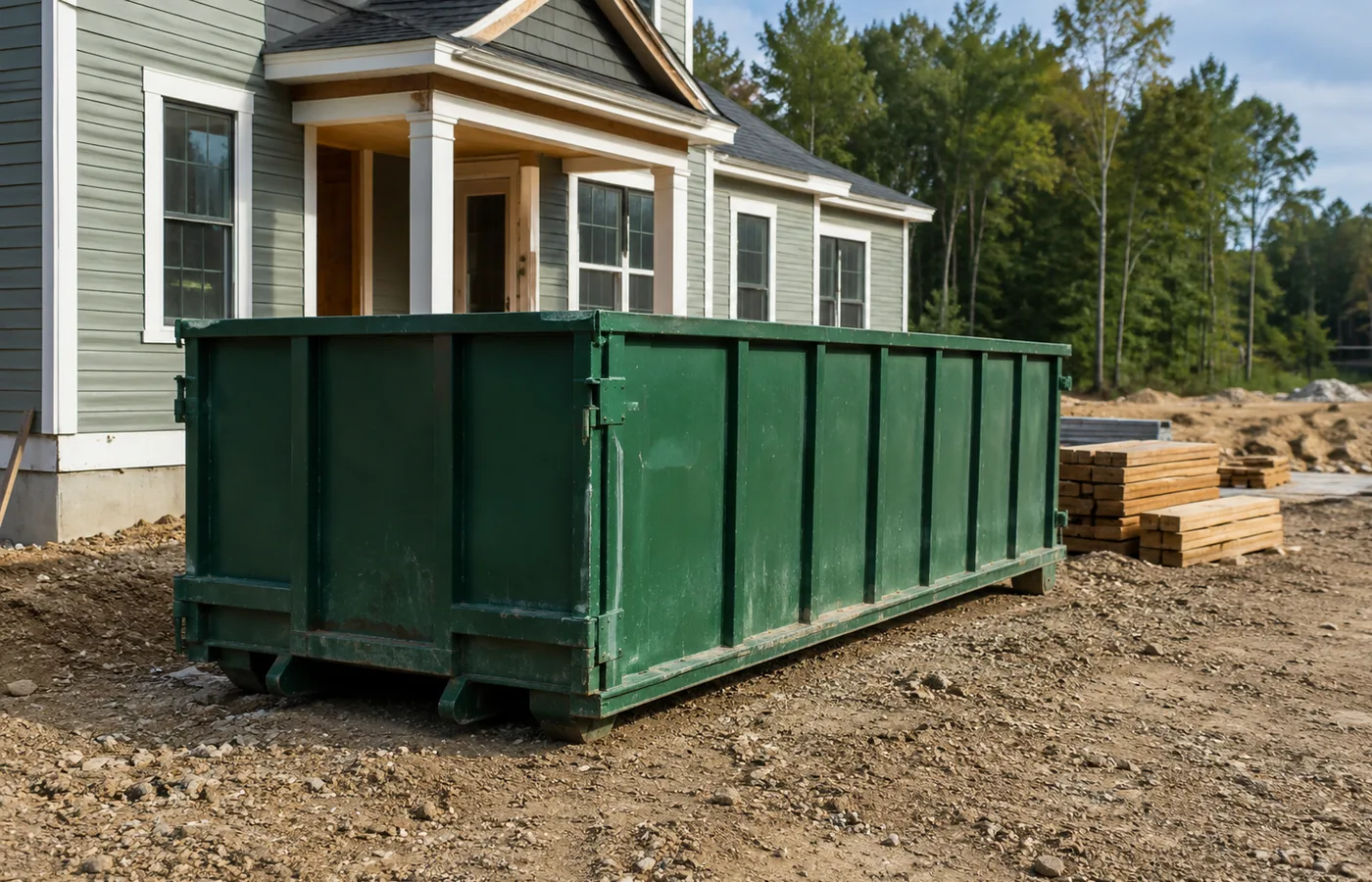 Roll-Off Dumpster in Lone Tree - CO positioned in a driveway during a home renovation cleanup, Roll-Off Dumpster in Columbine Valley - CO positioned beside a home during an organized renovation cleanup