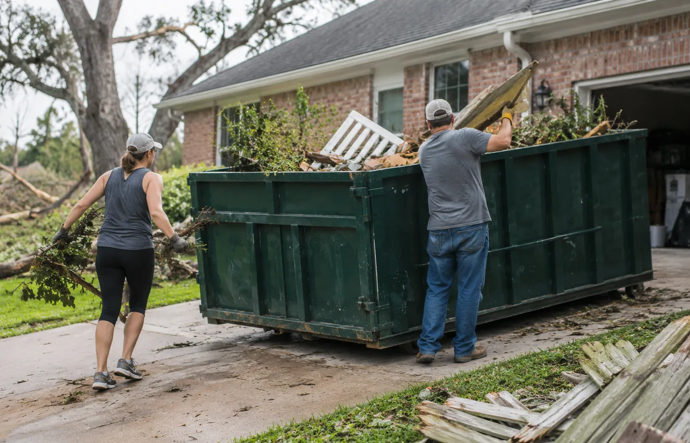 Residential Dumpster Rental Near me, Residential Dumpster Rental in Commerce City - CO set beside a driveway during a household cleanout, Residential Dumpster Rental in Welby - CO positioned beside a house during a yard and garage cleanup