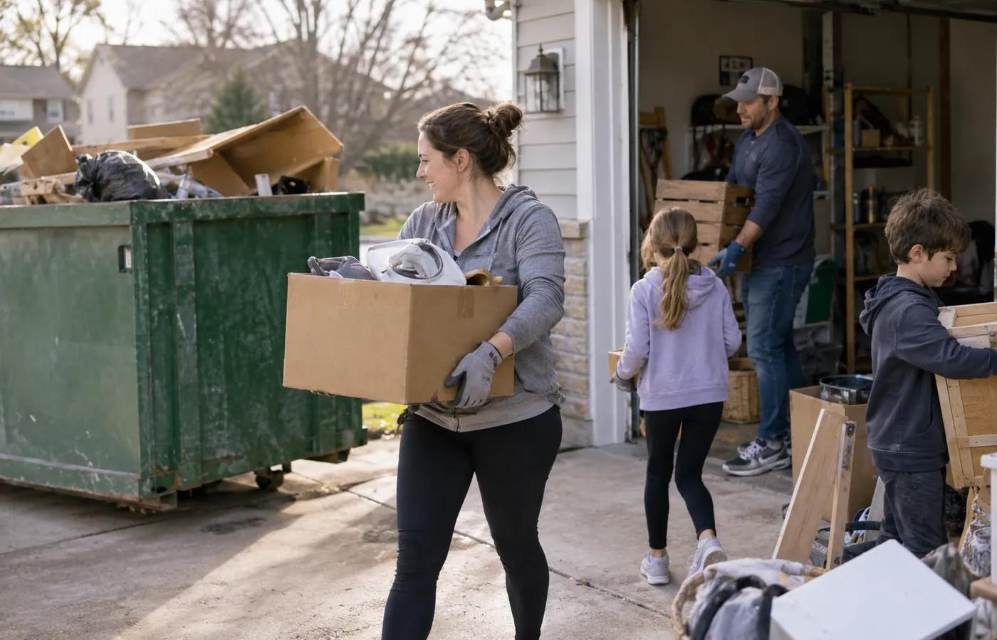 Crew managing residential dumpster rental debris outside a Commerce City - CO home during renovation cleanup, Homeowner using residential dumpster rental in Welby - CO while clearing remodeling debris from a driveway