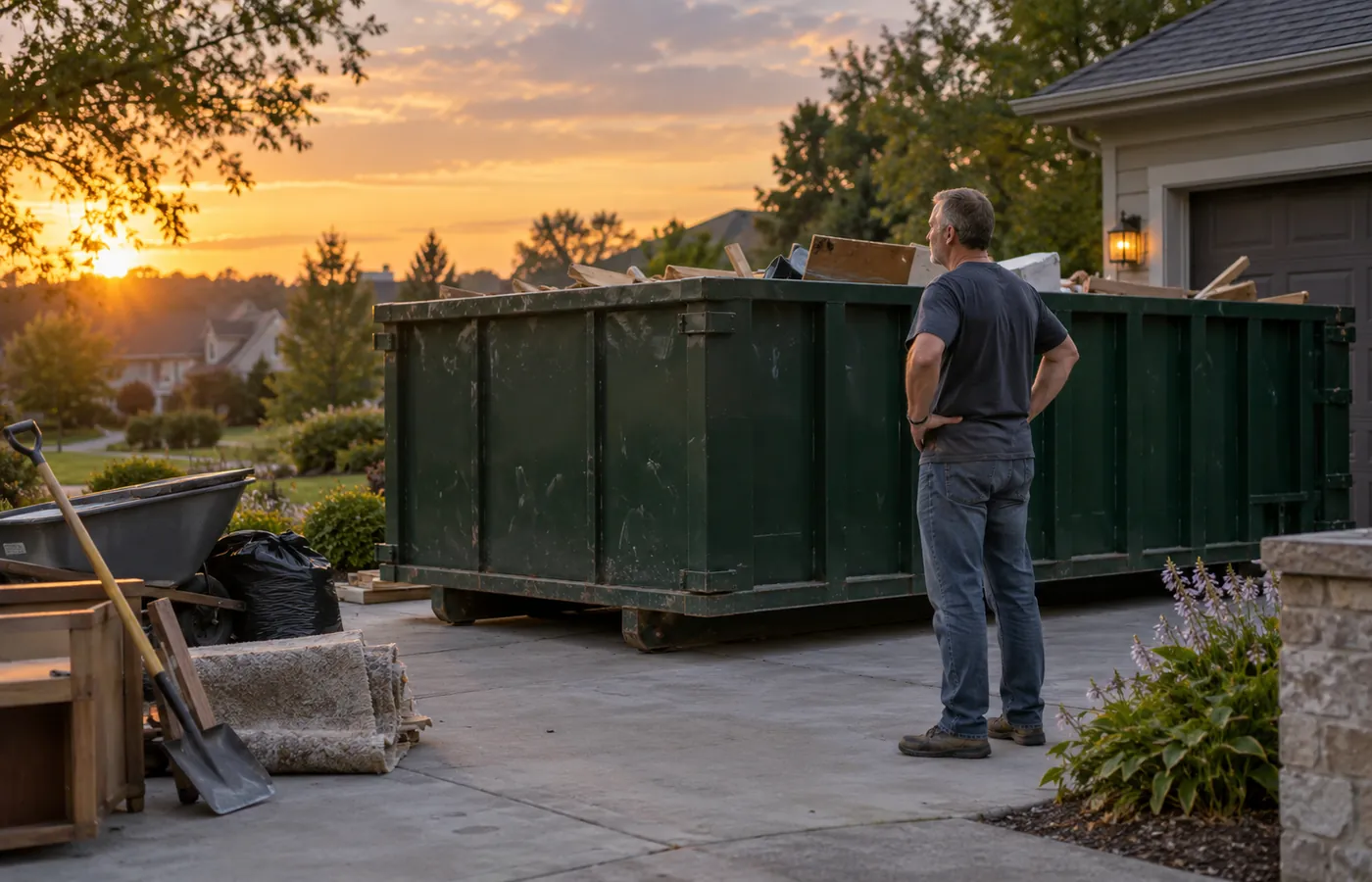 Homeowner loading residential dumpster rental debris outside a Federal Heights - CO property during interior demolition, Residential Dumpster Rental in Westminster - CO placed beside a home during a driveway cleanout project