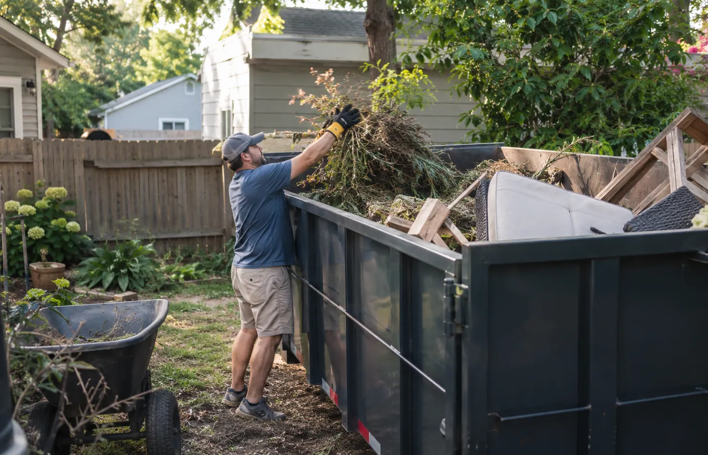 Residential Dumpster Rental in Northglenn - CO positioned in a driveway during a home renovation cleanup, Residential Dumpster Rental in Louisville - CO positioned beside a home during a garage cleanout