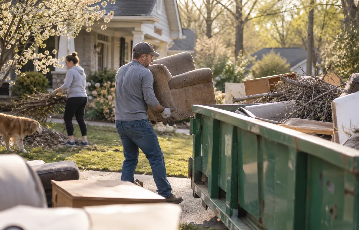Homeowner using residential dumpster rental during a Thornton - CO remodeling cleanup beside the driveway, Crew managing residential dumpster rental debris outside a Broomfield - CO home during renovation cleanup